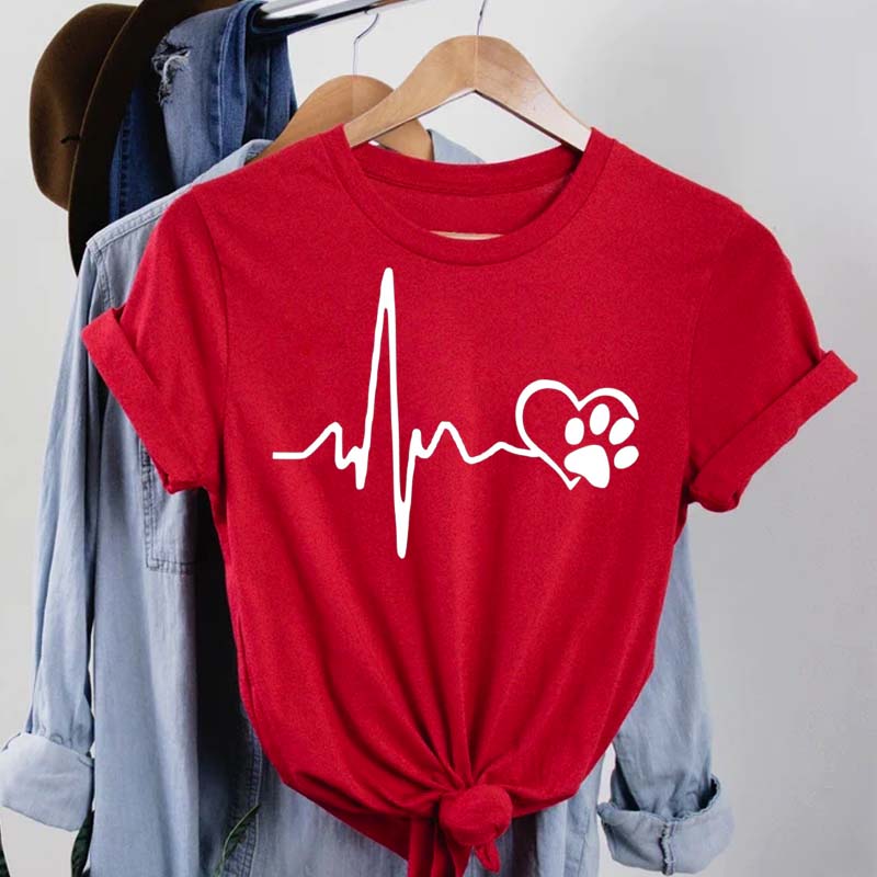 Frauen T Shirt Mode Hund Herzschlag Druck T-shirt Lustige 90er Jahre Druck T T-shirt Frauen T-shirt für Weibliche rote Hemd Kleidung Tops