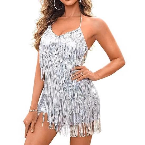 

Комбинезон с пайетками и бахромой, сексуальные костюмы для ночного клуба с открытой спиной, сверкающие костюмы для сценических танцев XS серебряный