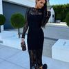 Autumn New Black Sexy Club Lace Dress Women Fashion Slim Fit Elegant Loose Vintage Casual Dress Woman High Waist Round Neck Party Long Dresses 25244