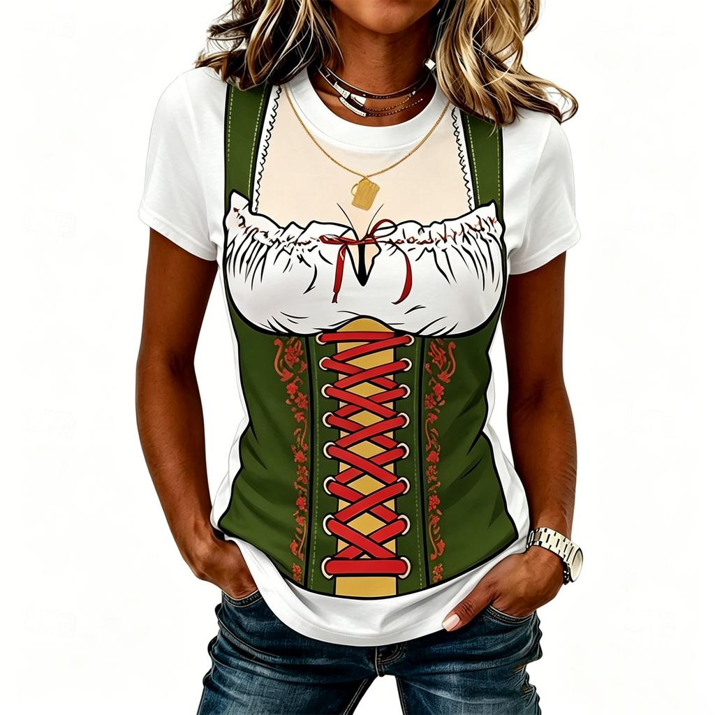 Women’s Casual Round Neck Short Sleeve Pullover T-Shirt with Festival Graphic Print Relaxed Fit Comfortable Style Top