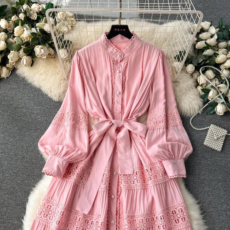 Luxury Party Dress for Women Long Lace Hollow Out Bandage Runway Patchwork Solid Lantern Sleeve Single Breasted Stand Dress