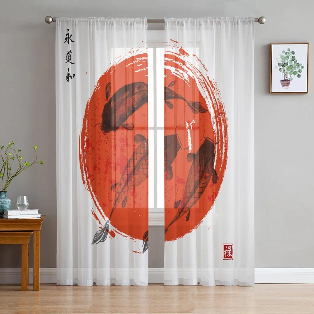 Japan Red Sun Geisha Woman Dragon Bamboo Šifon Průsvitné závěsy do obývacího pokoje Ložnice Dekor Okno Voál Tyl Závěsy na záclony