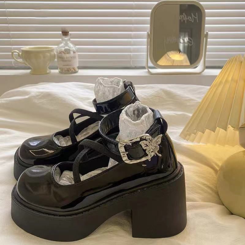 Summer Round Head Shallow Mouth French Mary Jane Shoes 2024 New Black Retro Heightened Thick Heel Platform Small Leather Shoes Women