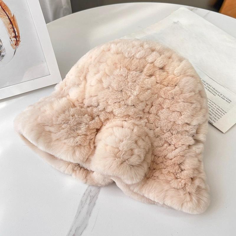 Rex Rabbit Fur Hat Autumn and Winter Versatile Middle-aged and Elderly Warm Ear Protection Top Hat Bucket Hat Show Face Little Mother Hat