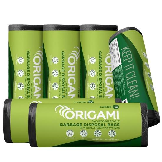 

Origami Garbage Bags for Dustbin | Large Size 90 Count (15 Bags x 6 Rolls) | 24 x 32 Inch Disposable Trash Bags | Suitable for Wet & Dry Waste - Black