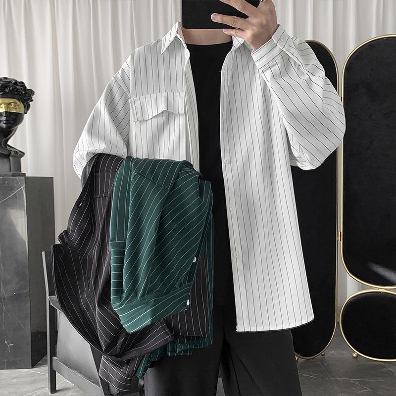 Men's Harajuku Style Striped Long Sleeve Shirt - Trendy, Casual, Loose-Fit, Versatile Korean Button-Down Jacket