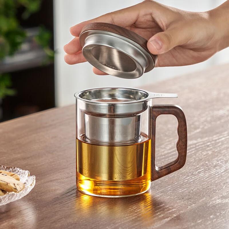 400ml Double-Wall Glass Tea Infuser Mug with Wooden Handle