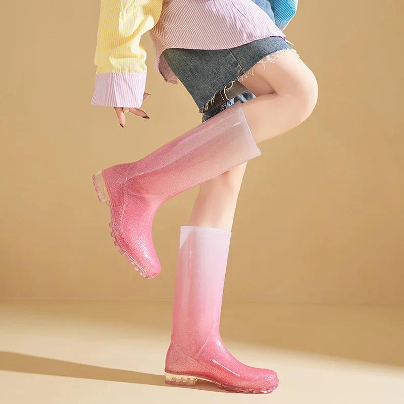 

Fashionable Crystal Gradient Rain Boots Women s High-Top Waterproof Non-Slip Rubber Fleece-Lined Wear-Resistant Water Shoes 41 рожевий