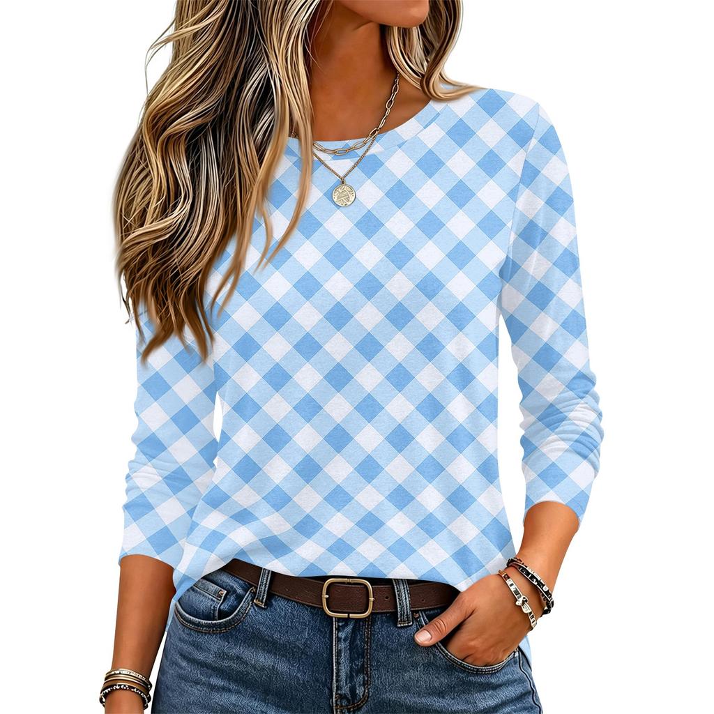 Top de punto para mujer con estampado de rayas y cuadros, cuello redondo, manga larga
