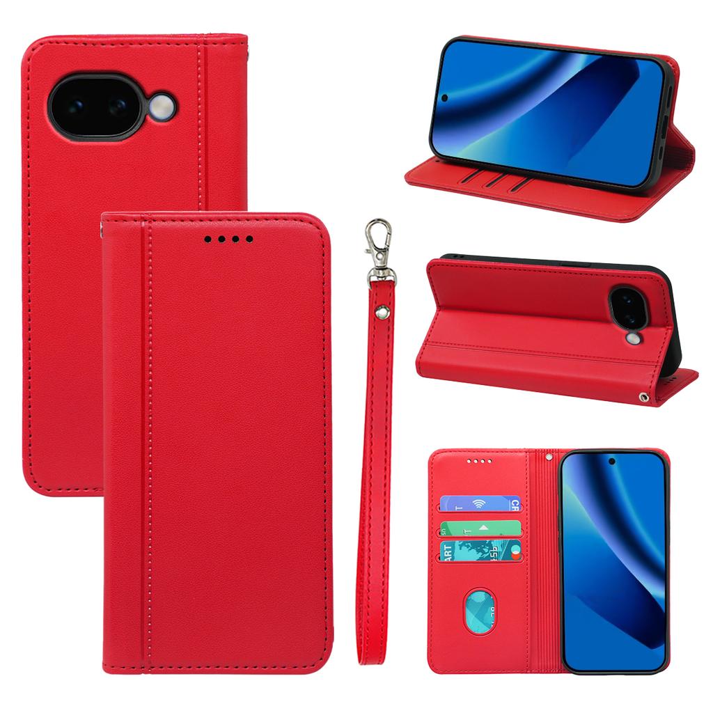 For Google Pixel 10a Wallet Case Magnetic Closing PU Leather Phone Cover with Wrist Strap