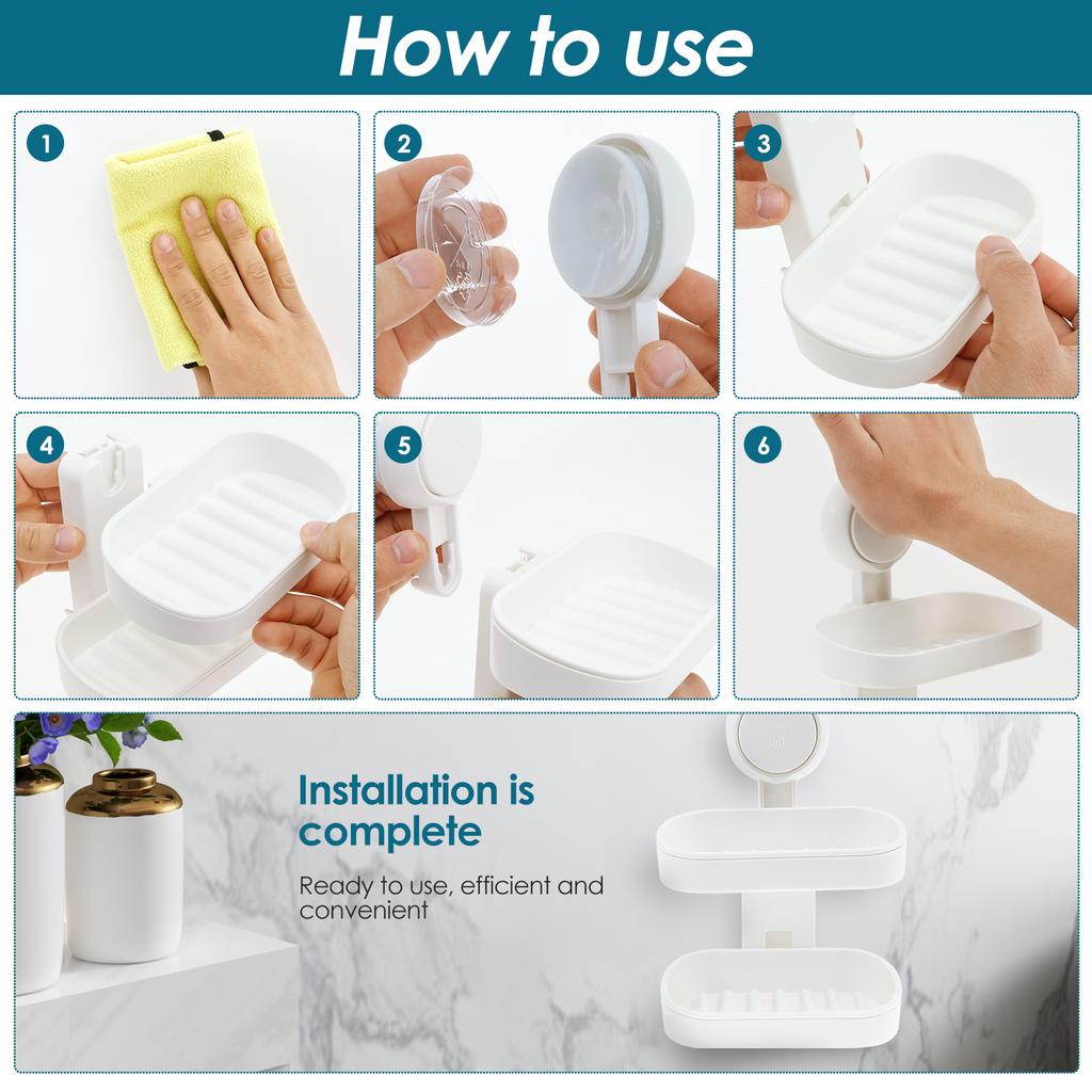 No Drilling Suction Cup Soap Holder Plastic Double Layer Soap Dish Removable Strong Load Bearing Showerfor Bathroom Kitchen