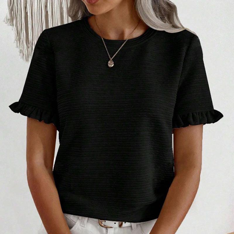Ladies Summer Ruffles Short Sleeve O Neck Pullover T Shirt Blouse Top