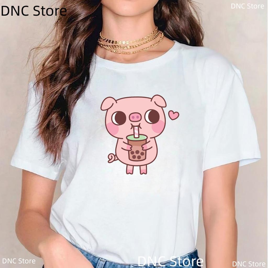 New Pink Pig Boba Tea Printed T Shirt Women Cartoon Animal T-shirt Casual Tops Bubble Tea Female Short Sleeve Streetwear Tshirt