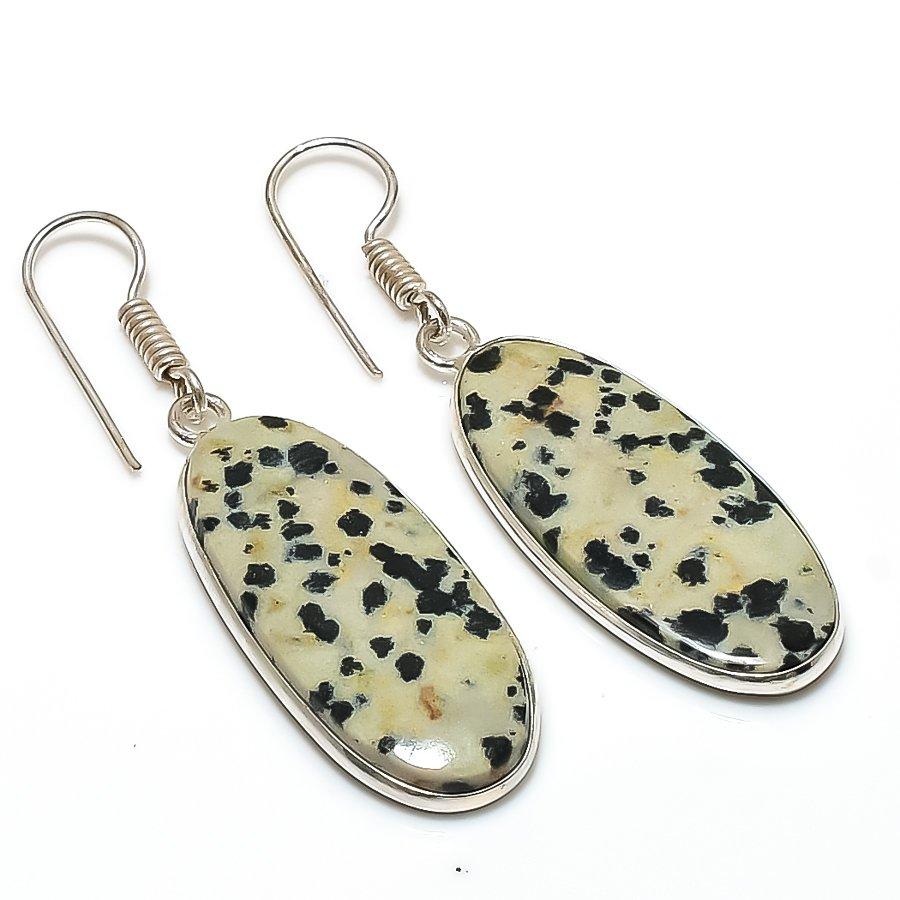 Natural Dalmation Jasper Gemstone 925 Sterling Silver Jewelry Earring 1.85" AE-13562