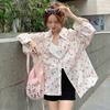 S-3XL Pink Flower Printing Long Sleeve Blouses Women Turn Down Collar Loose Shirts Woman Summer Sunscreen Beach Shirt