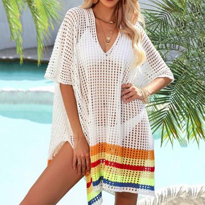Damen Bikini-Überzug, V-Ausschnitt, überschnittene Schultern, hohl, Strandkleid, seitlich geteilt, Farbblock, gehäkelt, Badeanzug-Überzüge