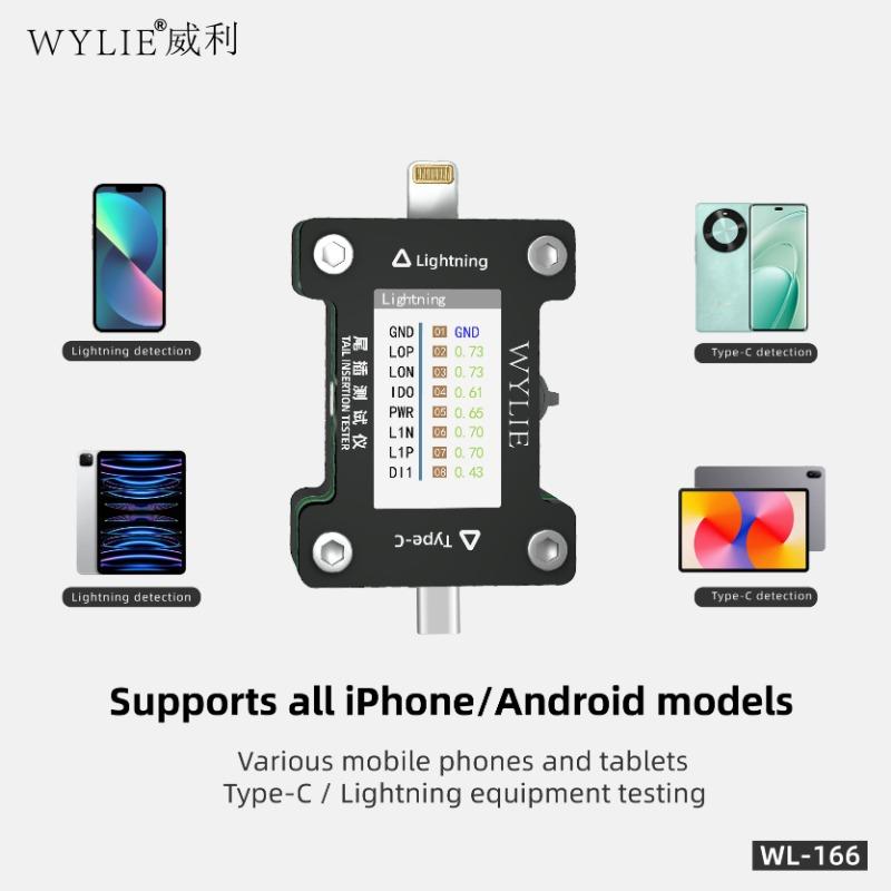 WYLIE WL-166 Tail Insertion Tester Lightning/Type-C Port Tester for iPhone/Android Auto Fault Detection HD Display Repair Tools