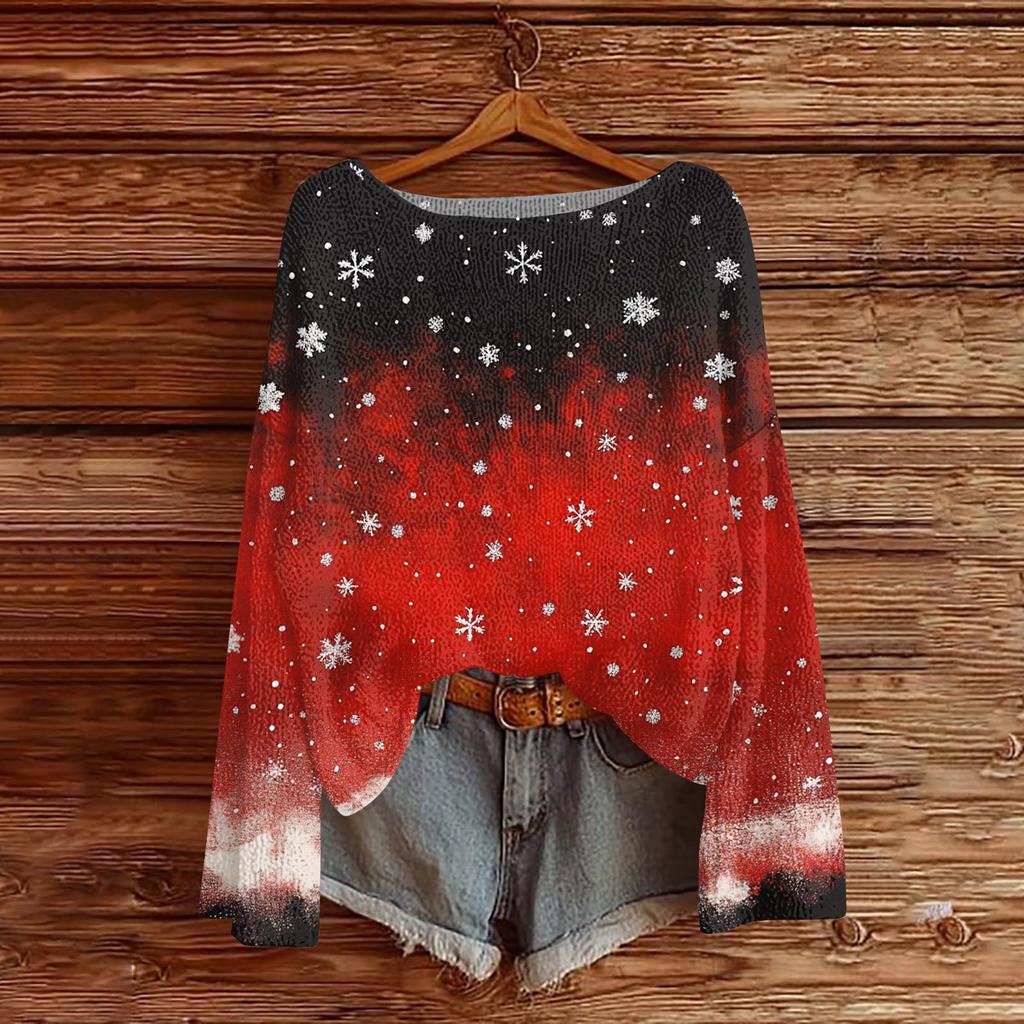 Women's Fashion Round Neck Long Sleeve Christmas Print Casual Pullover Sweater Top