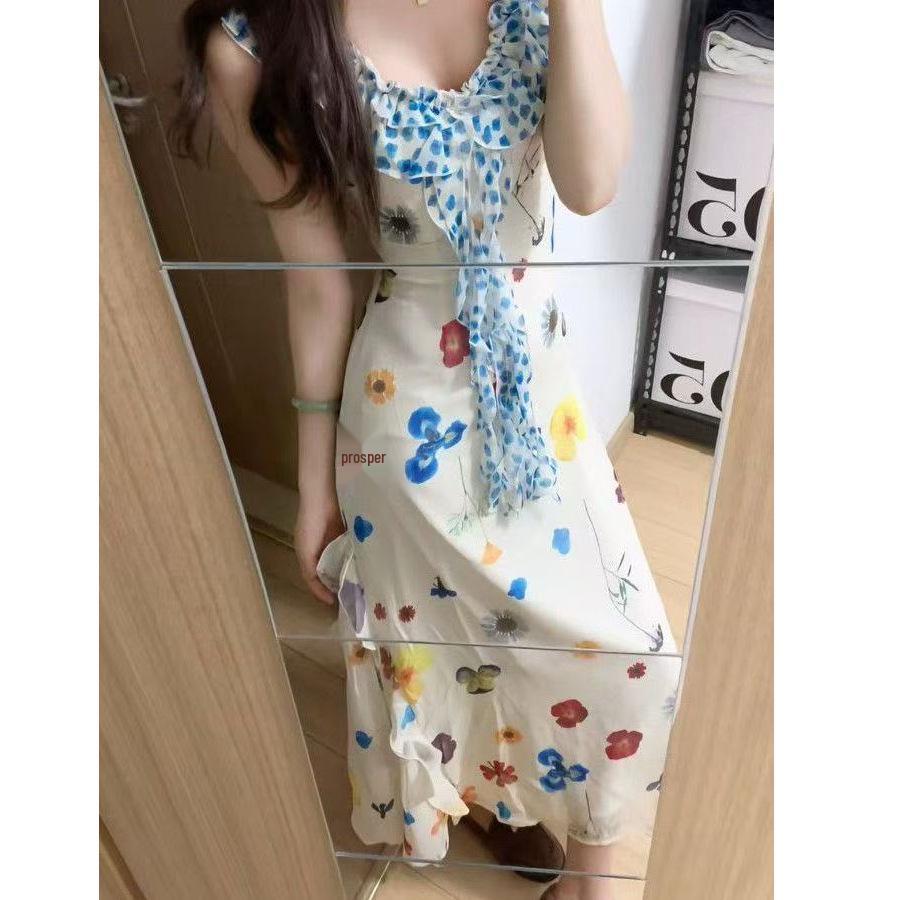Women's French V-Neck Floral Sling Dress - Fairy Style Summer Resort A-line, High Waist, Long and Slimming