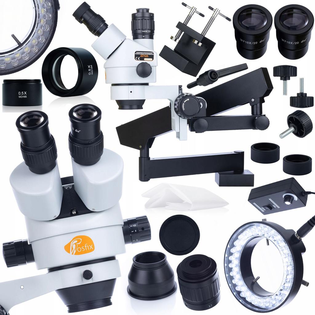 Rosfix Mikroskop Stereoskopowy Trinokularowy Neptune Pro MSNP-T-WDMS1 – Zakres Zoomu 7x-45x | Wysięgnik | Oświetlacz 56xLED I Soczewka 0,5x