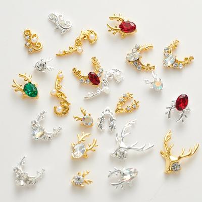 10Pcs Gold Silver Elk Antler Shape Alloy Diamond Nail Ornament Manicure Decoration Accessories