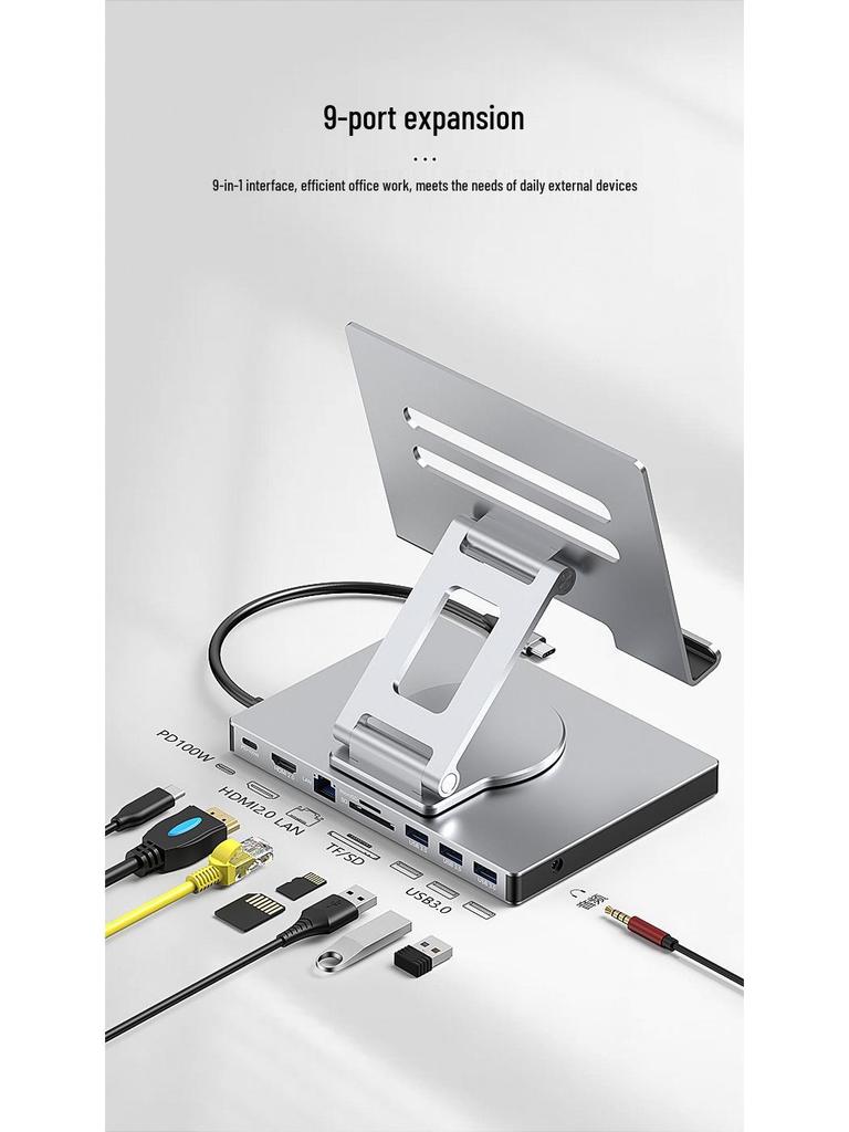 4K60Hz USB-C Docking Station with Gigabit Ethernet, USB 3.2 Splitter, Rotating Mobile/Tablet Bracket Expansion Dock