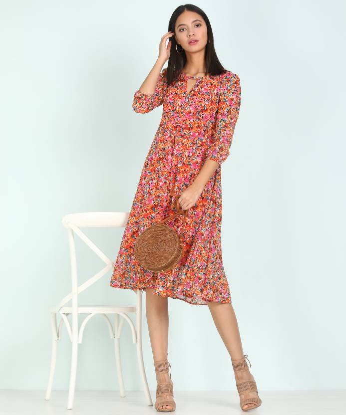 Women's Fit and Flare Black Dress Party Wear Printed Midi Gown Kurti Top Tunic Ethnic