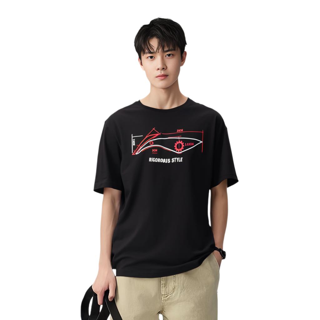 Li-Ning Seria Sportowa Moda Logo Nadruk Okrągły Dekolt Krótki Rękaw T-Shirt Męski Top Czarny Czerwony AHSR543-7