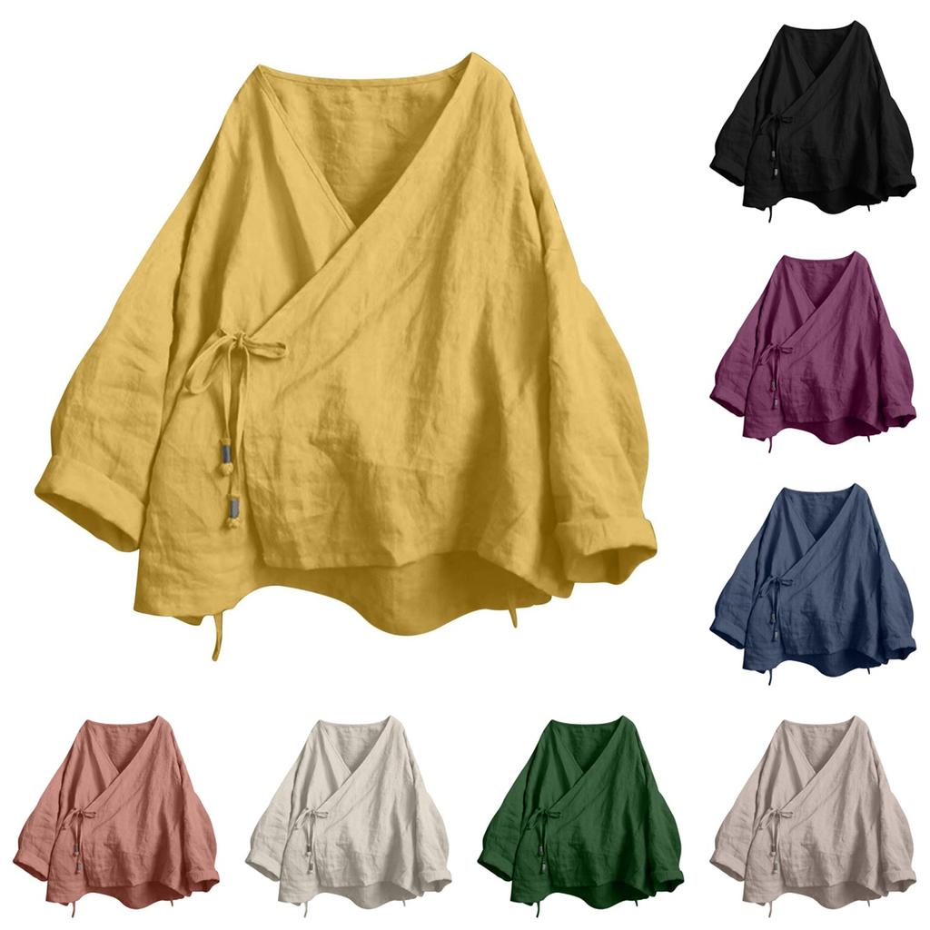 Womens Fashionable Solid Color V-neck Long Sleeved Lace Cotton And Linen Loose Shirt Top