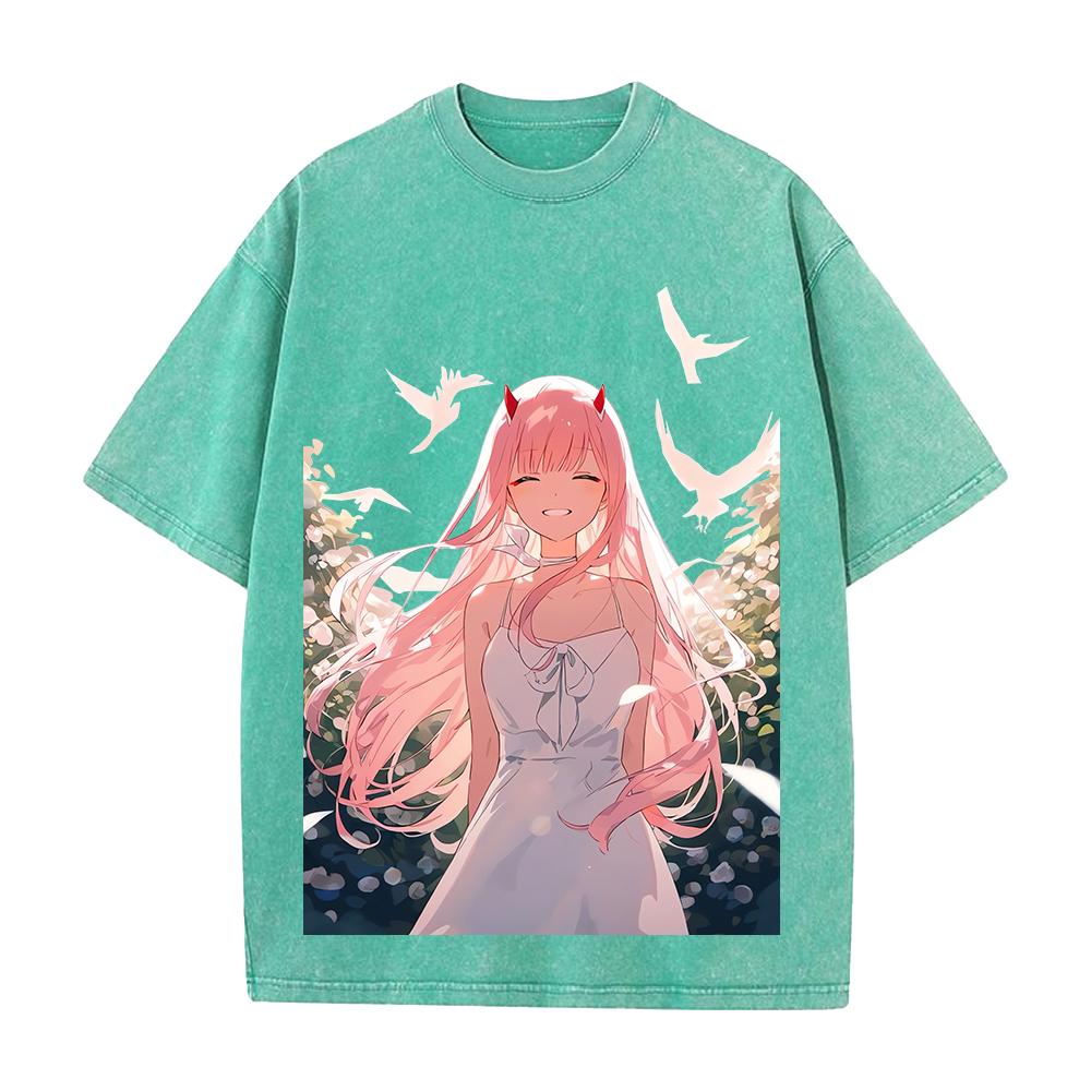 DARLING in the FRANXX Zero Two Printed Tee Men Women Short Sleeve Cotton Tshirts Vintage Washed T-shirt Oversized Streetwear