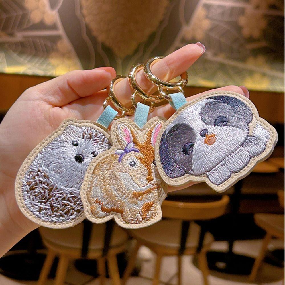 PU Leather Cartoon Animal Pendant Dog Car Keyring Embroidery Rabbit Keychain  Backpack Decoration