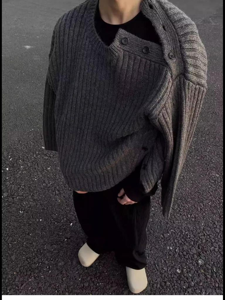 Heren geknoopte ronde hals donkergrijze trui - herfst/winter niche design gebreide jas