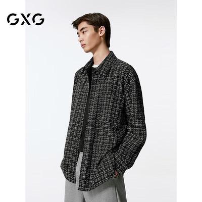 GXG Men's 2024 Autumn Black Plaid Long Sleeve Shirt Jacket