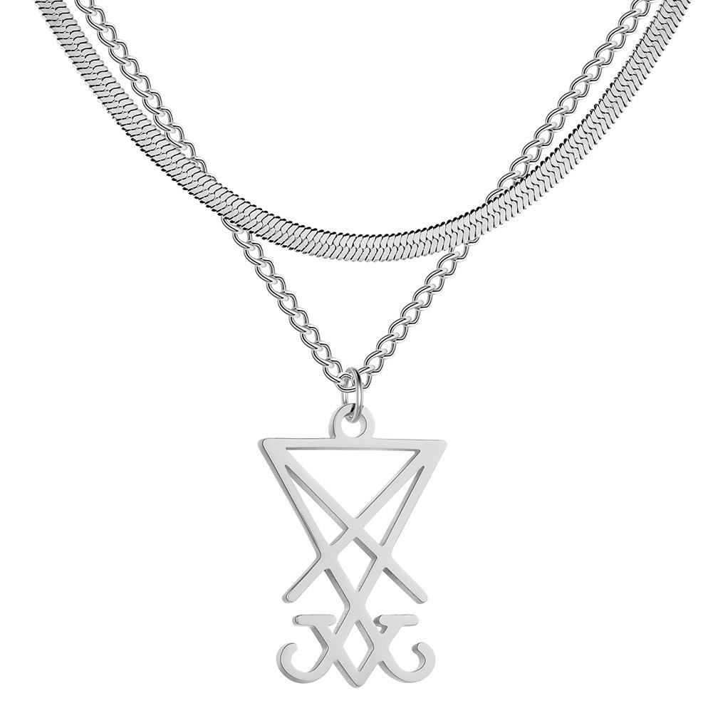 Double Layer Snake Chain Titanium Steel Hollowed Out Inverted Triangle Cross V-Shaped Pendant Necklace