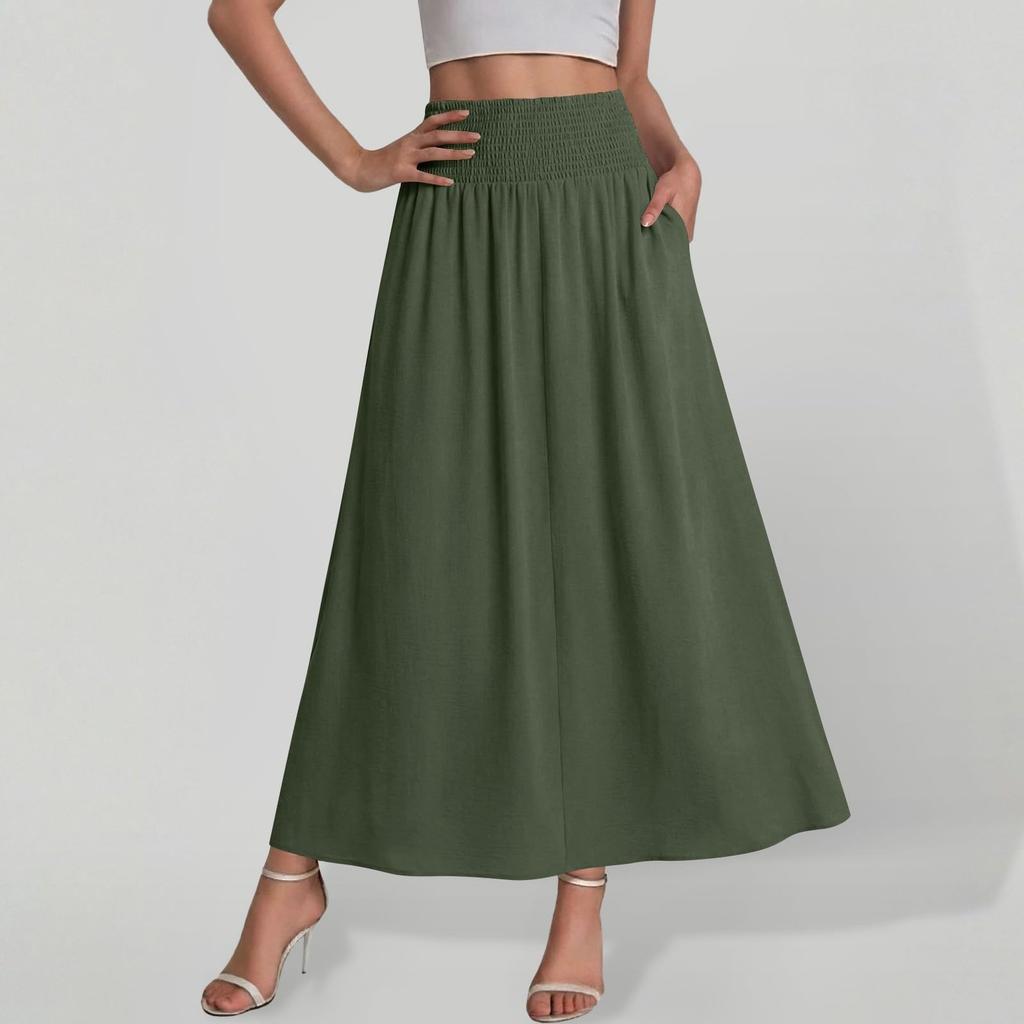 Women High Waist Loose A Line Maxi Skirt with Pockets Casual Solid Flared Elastic Waistband Long Skirt for Daily Wear