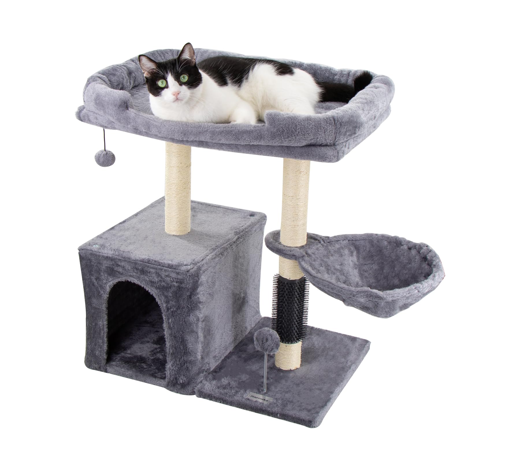 

Hapineko Mini Cat Tower Compact Cat Tree with Scratching 2 Overlooking Observation Hidden and Hammock Height 72cm Light - Small, Low, Self-Grooming,