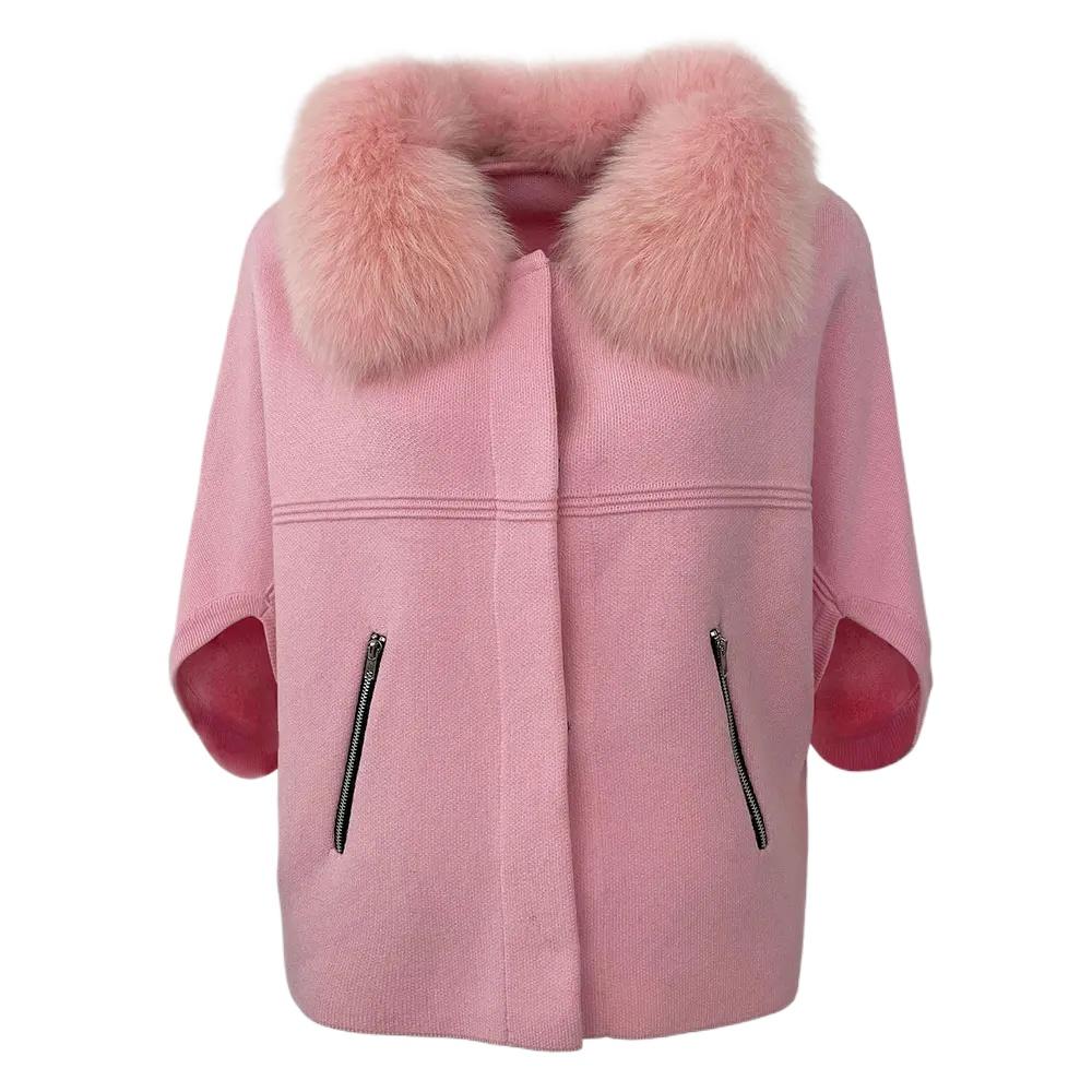 OFTBUY 2024 Herbst Winter Echt Fuchs Waschbär Pelz Kragen Mantel Gestrickte Pullover Frauen Kurzarm Jacke Dicke Warme