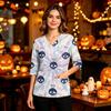 Women's Casual Halloween Print Uniform Top with V-Neck, Pockets and Side Slit, Three-Quarter Sleeve