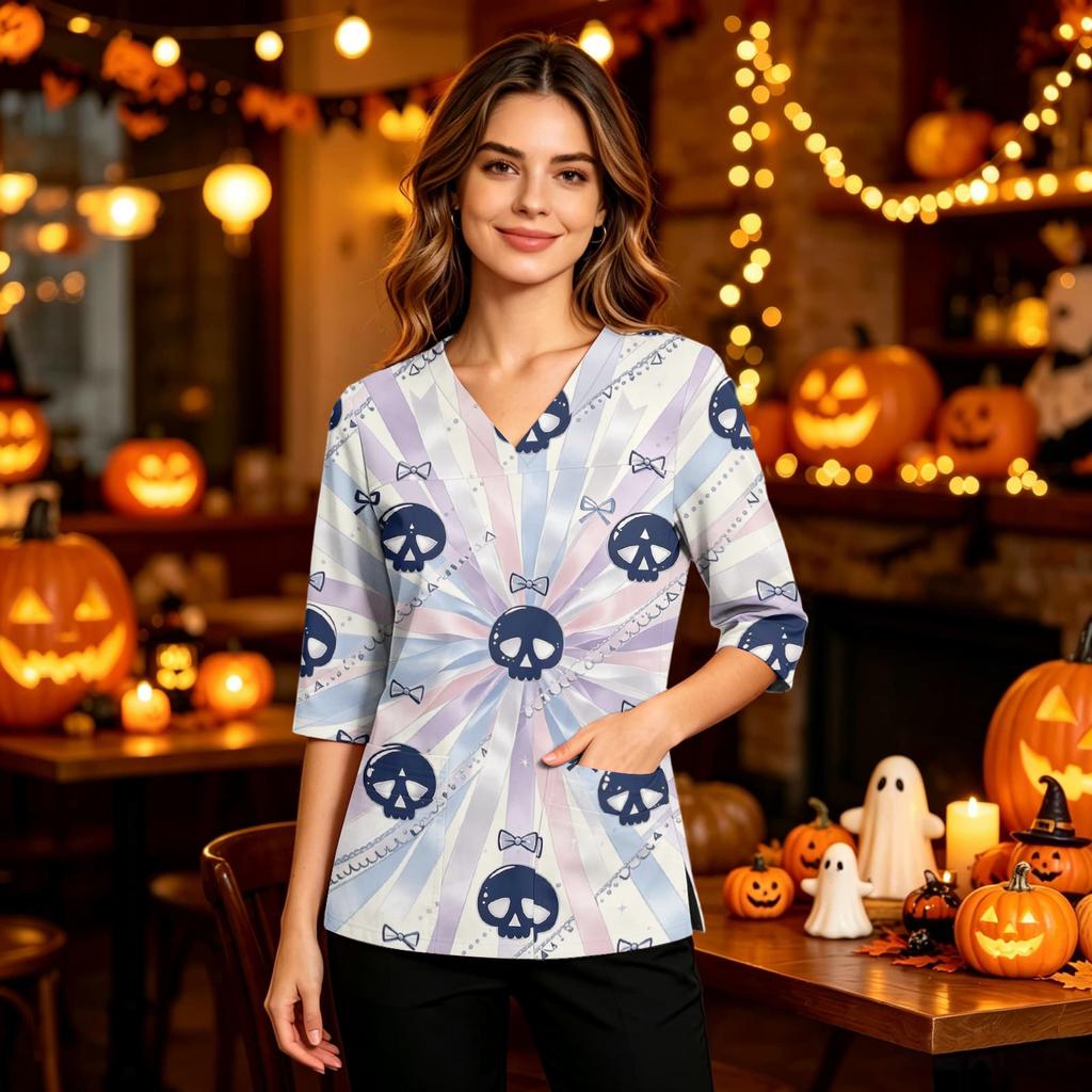 Women's Casual Halloween Print Uniform Top with V-Neck, Pockets and Side Slit, Three-Quarter Sleeve