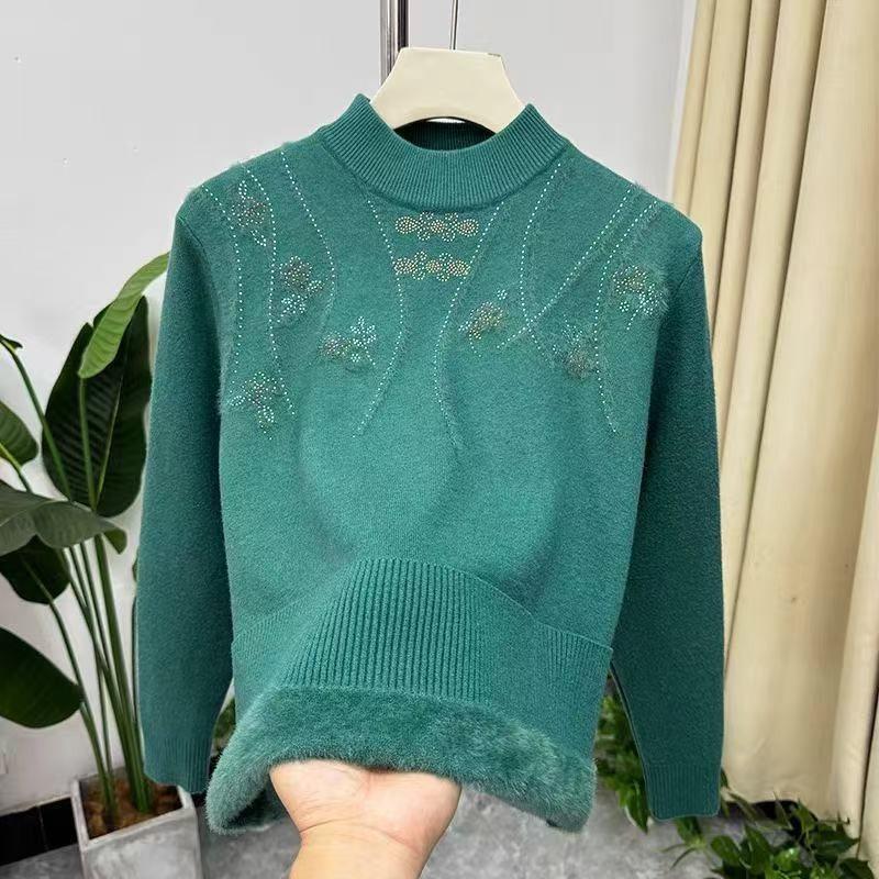 Winter Wear Velvet Thickened Sweater Middle-aged Derly Loose Fashionable Half Turtleneck Warm Bottoming Shirt Tops for Women