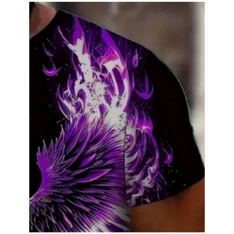 Men's Purple Phoenix 3D Flame Printed T-Shirt Casual Short Sleeve Crewneck Top Cool Mythical Bird Graphic Tee Trendy Harajuku Streetwear Clothes