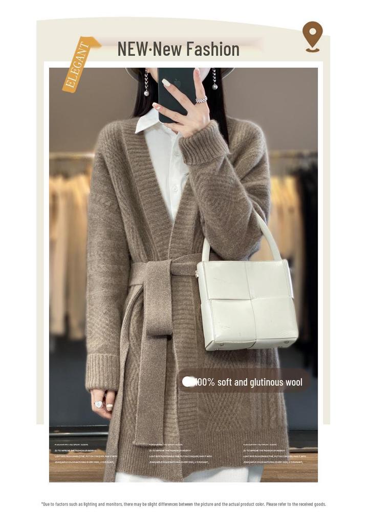 Women's 2023 Mid-Length Pure Wool Cardigan Coat - Loose, Thick Knit Sweater