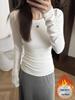 Women's Slim Fit Long-Sleeve T-Shirt, Solid Color, Ins Style, Brushed Fabric with Velvet Lining, Ideal Base Layer for All Seasons.