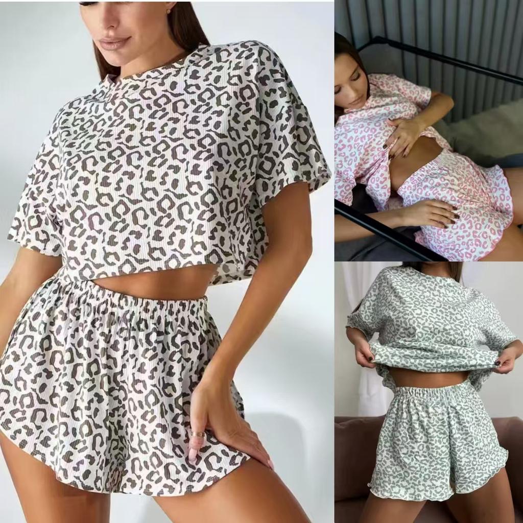Women Pajamas Leopard Print Pajama Suit Fashion Pajama Women's Sexy Short Sleeve Slits Shorts Loungewear Suit Women Pijama