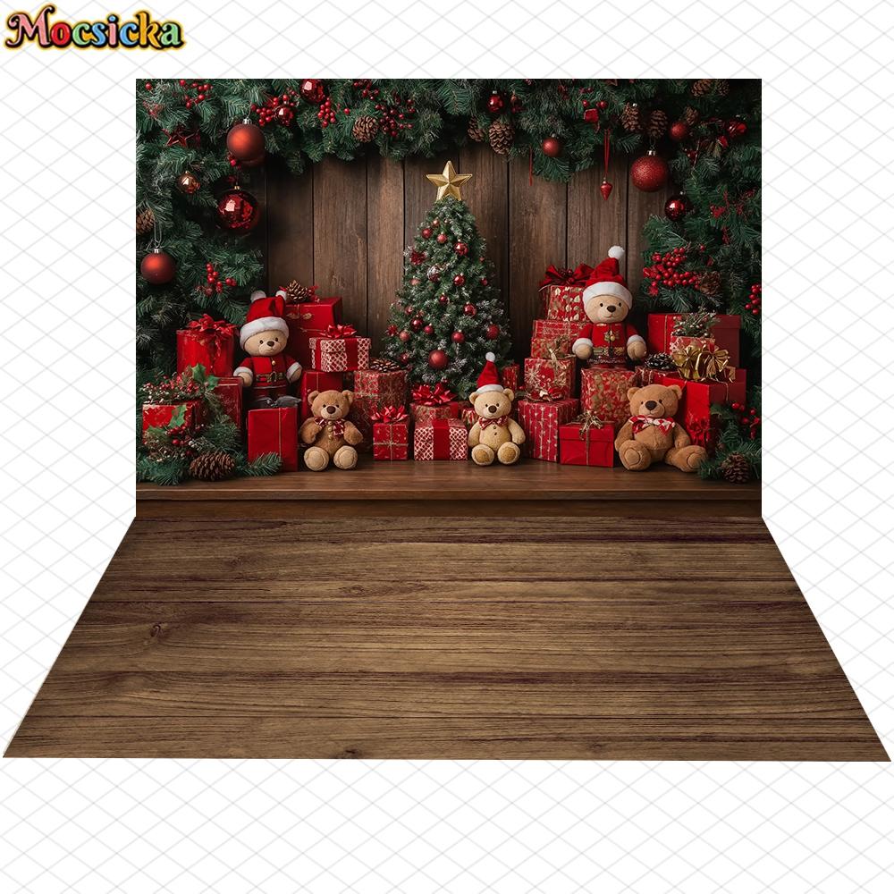 Mocsicka Christmas Photography Background Happy New Year Party Wooden Floor Wall Xmas Tree Bear Gift Decor Family Photo Backdrop