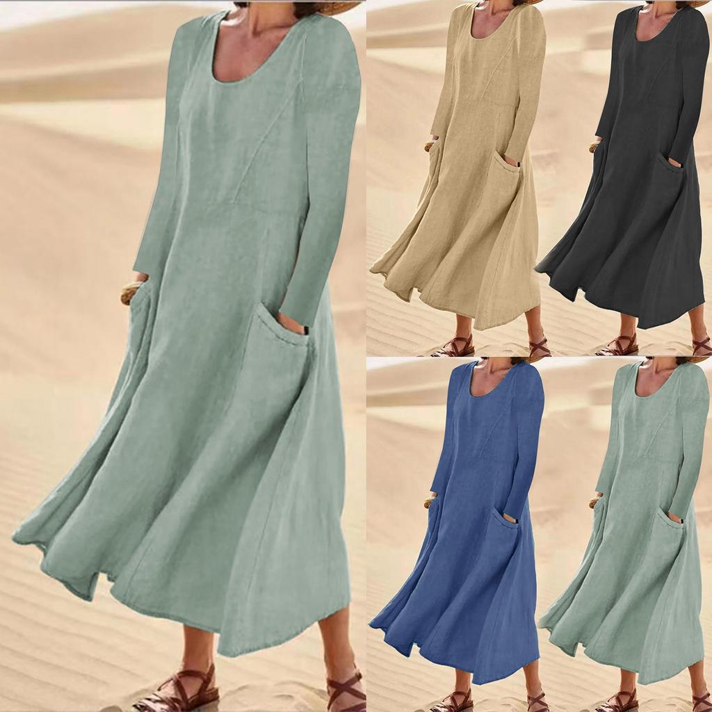 Ladies Fashion Solid Color Round Neck Pocket Long Sleeve Cotton Linen Loose Dress