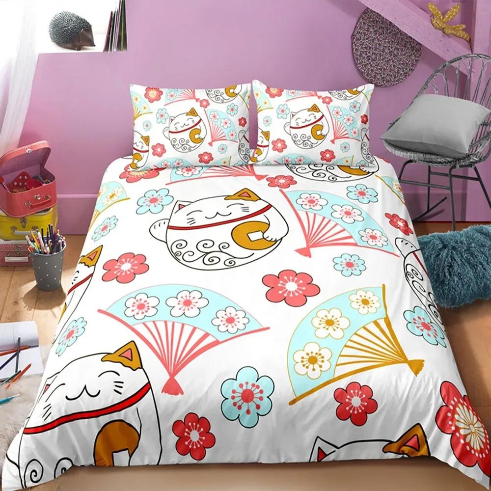 Maneki Duvet Cover Set,Japanese Lucky Cat Duvet Cover Neko Gold Coin Japanese Style Cute Bedding Set Cat Comforter Cover