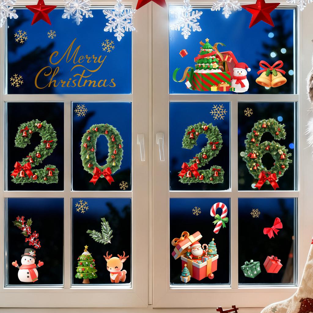 Christmas Glass Electrostatic Stickers | 2026 New Year Green Pine Needle Window Stickers Bow Party Decoration Festival Supplies