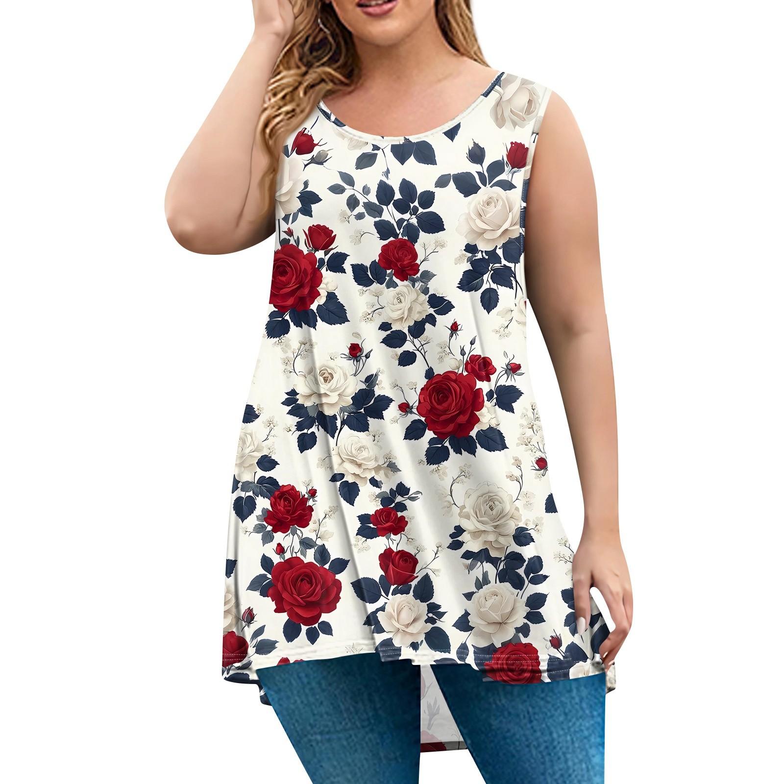 

Женская мода большого размера с круглым вырезом без рукавов повседневный свободный пуловер с принтом XL винный