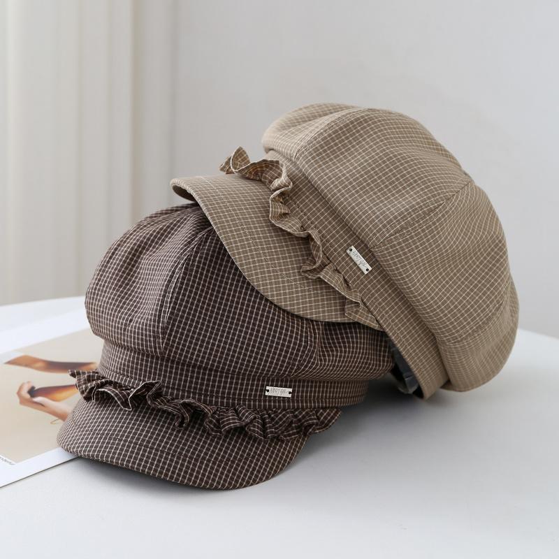 Berretto Ottagonale a Quadri e Righe Berretto da Donna, Primavera Estate Pizzo Carino Sottile Cappello da Pittore Femminile Vintage Nuovo